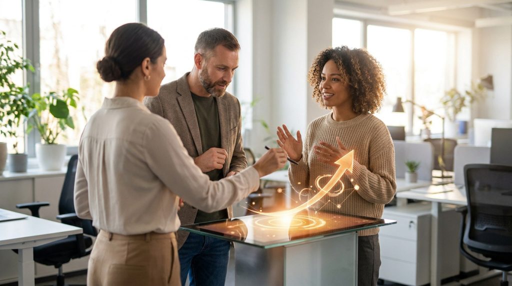 Trois collègues analysent une projection holographique de croissance sur une table tactile dans un bureau lumineux.