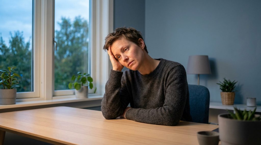 Une personne fatiguée, assise à un bureau devant une fenêtre, exprimant l'épuisement professionnel.